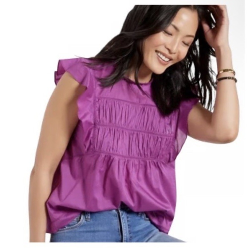 Rails Filomena Ruched Cotton Blouse Top Berry Pink Magenta Ruffle Flutter Small